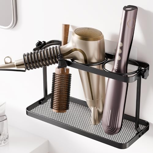Josmimic Adjustable Height Hair Tool Organizer Holder - Adhesive Wall Mounted for Blow Dryer Curling Iron Straightener - Multi-Position Bathroom Storage (Black)