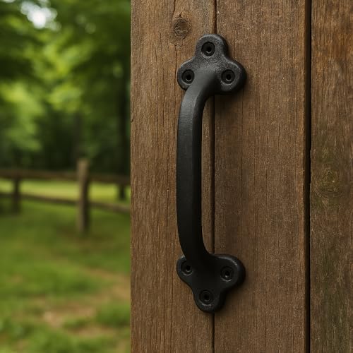 Image of 9 Inch Clover Straight Barn Door Handle - Black Cast Iron Pull for Sliding Doors, Gates, Sheds, Fences, Closets - Indoor Outdoor Farmhouse Hardware