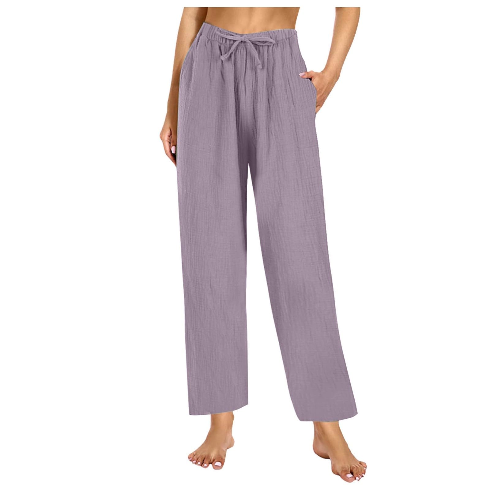 Women's Solid Color Wrinkle Simple Slimming Waist Straight Leg Jogger Trousers Linen Full Length Casual Elasticated Waist Bottoms Summer Drawstring Pants Pajama Pants Home Pants