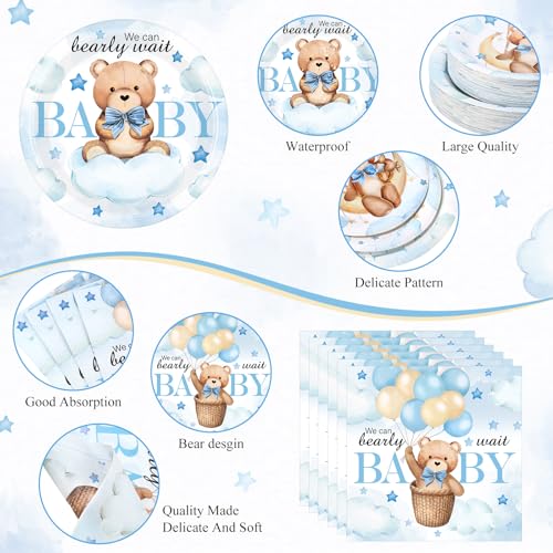 Image of Funnymoom 452 Pcs 50 Guests We Can Bearly Wait Baby Shower Decorations Boy, Blue Baby Boy Shower Paper Plates Napkins Cups Tablecloth Cutlery Straws Tableware Set for Gender Reveal Party Supplies