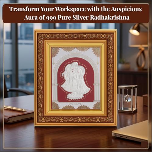 Image of 999 Pure Silver Radhakrishna Frame | Divine Home Decor | Wall Mount Square Photo for Gift, Wooden PhotoFrame for Temple & OfficeDecor, SilverGift Items | (10.50 inch x 9 inch Inch)