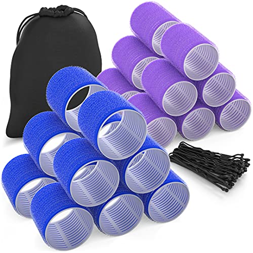 Tangobird Hair Rollers 24 Pack - 2 sizes | Jumbo Hair Rollers Hair Curlers For Long Hair | Self Grip Velcro Rollers For Hair | Heatless Hair Curlers For Long Hair with Travel Bag & Pins| Blue & Purple