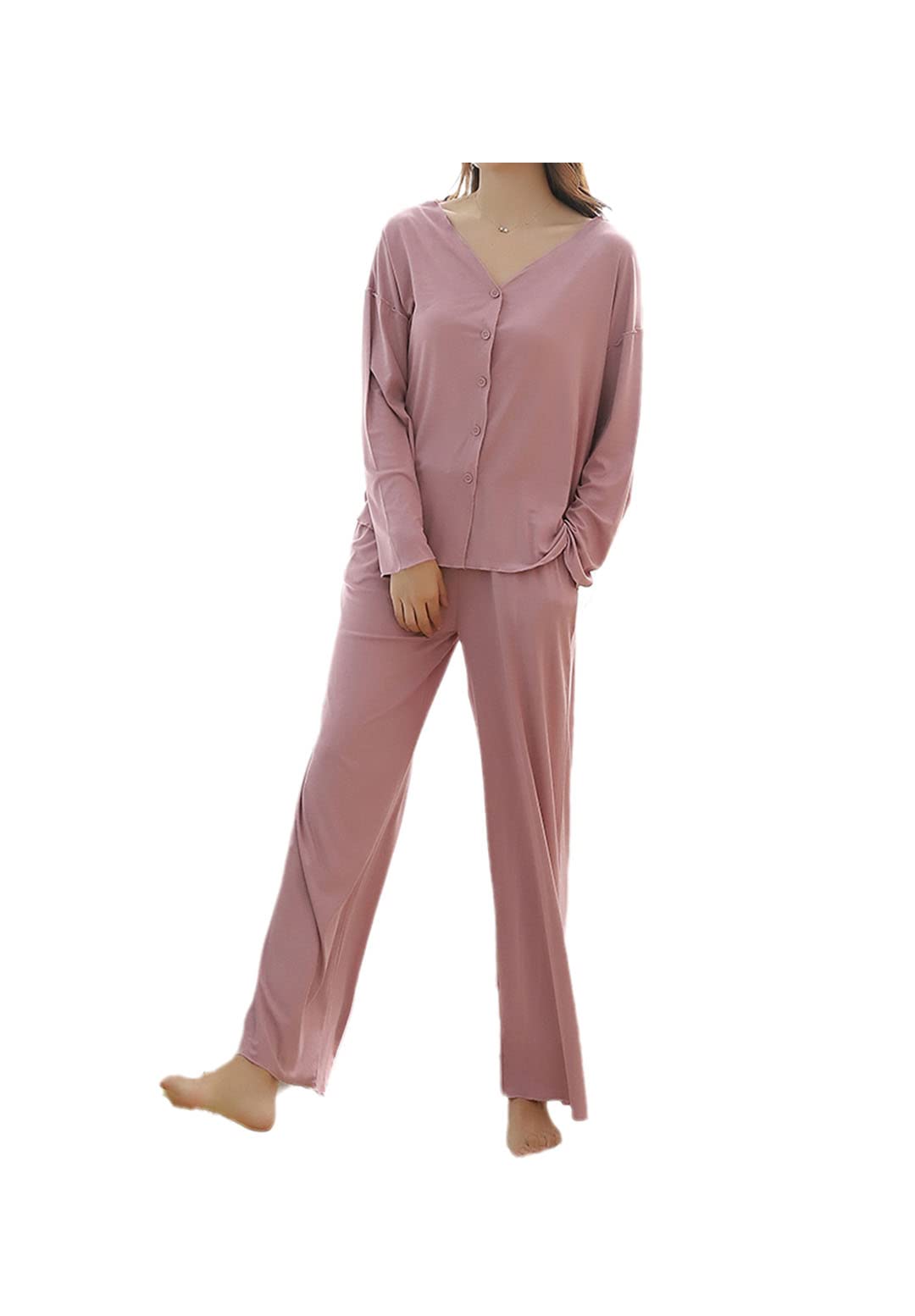 Conjunto de pijama de algodón suelto de manga larga para mujer, casual, otoño, invierno, cuello en V, Rosa coreana., M