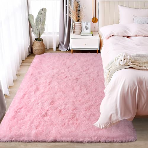 Pink Area Rugs 4x6 for Bedroom Girls, Soft Fluffy Fuzzy Shag Carpet for Living Room, Non-Slip Shaggy Bedside Indoor Floor Rug, Cute Plush Rug for Nursery Dorm Home Decor