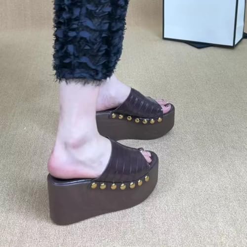 Women Wedge Sandals Glossy Shiny Rivets Open Toe Wooden bottom with Cushioned Retro Fashion 2025 Slippers2