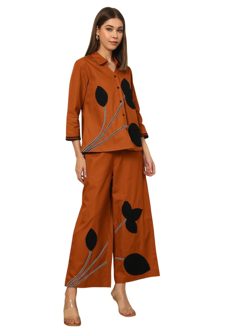 deebaco Solid Cotton Shirt With Pants Women's Co-Ord Set|Full Sleeves Collared Neck Long Length Regular Fit Summer Western Casual Wear Ladies Cord Set (Tan)-picture-49