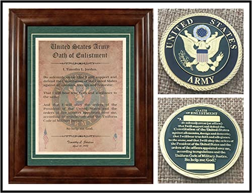 BEST US Army Oath of Enlistment Certificate Framed Matted PERSONALIZED and Oath of Enlistment Coin (Engraving Available)