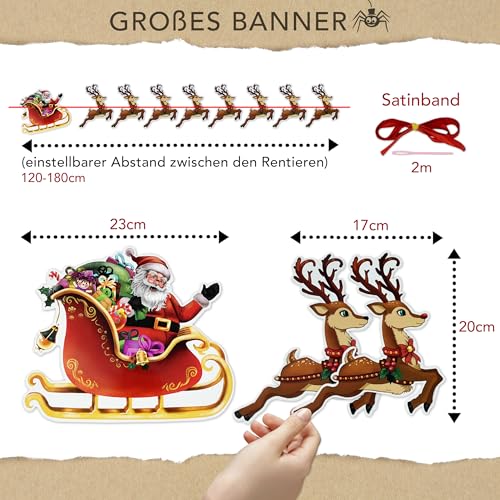 Itsy Bitsy Party Co Premium wiederverwendbare Weihnachtswimpelkette – Weihnachtsdekoration mit Weihnachtsmann und Rentier, Weihnachtsbanner, Weihnachtsgirlande, hängende Weihnachtsdekoration für den I