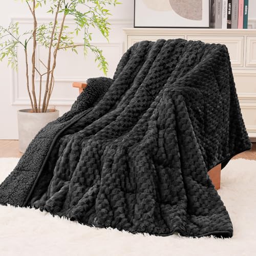 Image of Super Fuzzy Soft Fleece Sherpa Weighted Blanket 20 lbs for Adults, 3D Imitation Turtle Shell Luxury Weighted Throw for Better Sleep, Dual Sided Cozy Heavy Blankets for Couch Bed, Black, 60 inch x 80 inch