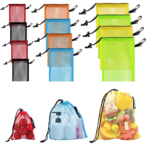 12 Pieces 6 color Mesh Bags with Clips Nylon Mesh Bag Mesh Drawstring Stuff Bag with Cord Lock for Collecting Toys Laundry Sports Gym Beach Travel