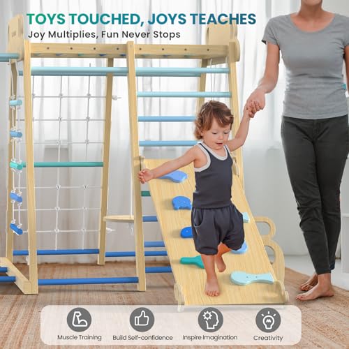 Image of BlueWood Upgraded Indoor Jungle Gym 9-in-1 Playground Kids Climbing Toys, Waldorf Style Wooden Climber Playset with Slide, Swing, Monkey Bars, Upright /Rope Ladder, Climb Net, Blue