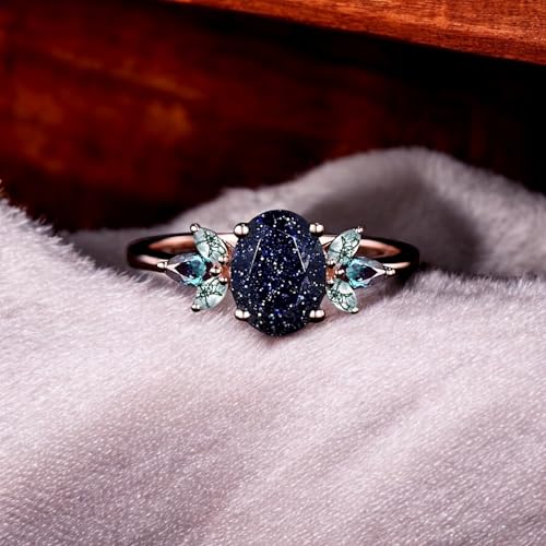 Elegant Galaxy Healing Oval Blue Sandstone Engagement Ring Moss Agate Wedding Ring Vintage 14k Rose Gold June Birthstone Alexandrite Jewleyr By Luxegemsjewel2