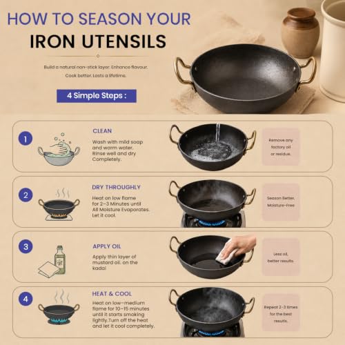 Image of DOZY Iron Nonstick Kadhai | Naturally Nonstick | Toxin Free | Even Heat Distribution 28 | Black 1.5L Capacity
