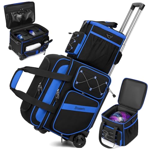 3 Ball Bowling Bag with Wheels, 2 Ball Bowling Bags Double roller with 1 Ball Add On Bag, Multi-Pockets & Shoe Compartment (Fits Up to Size 15), Blue