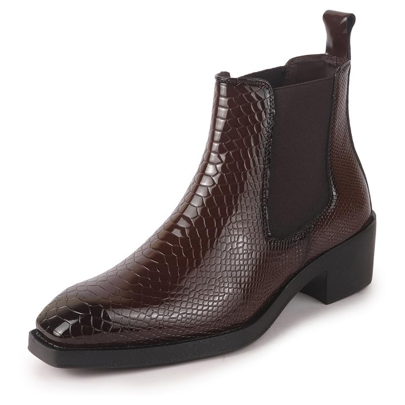 Image of FAUSTO Men Textured /Embossed High Ankle Chisel Toe Slip On Chelsea Boot | Stylish, Durable & Comfortable Cuban Boots | Memory Cushioned Insole