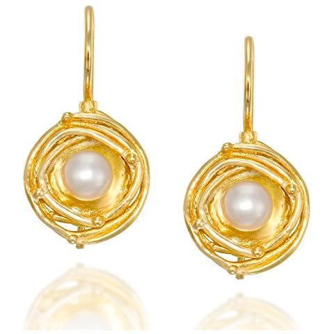 Stera Jewelry 14k Gold Plated Silver Bridal Cultured Pearl Earrings with Swirl Design & Secure Backs Cover