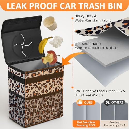 Image of Vankor Cute Car Trash Can for Car, Car Accessories for Women Interior Car Can Trash Bag Hanging Automotive Car Garbage Cans Leopard Pattern
