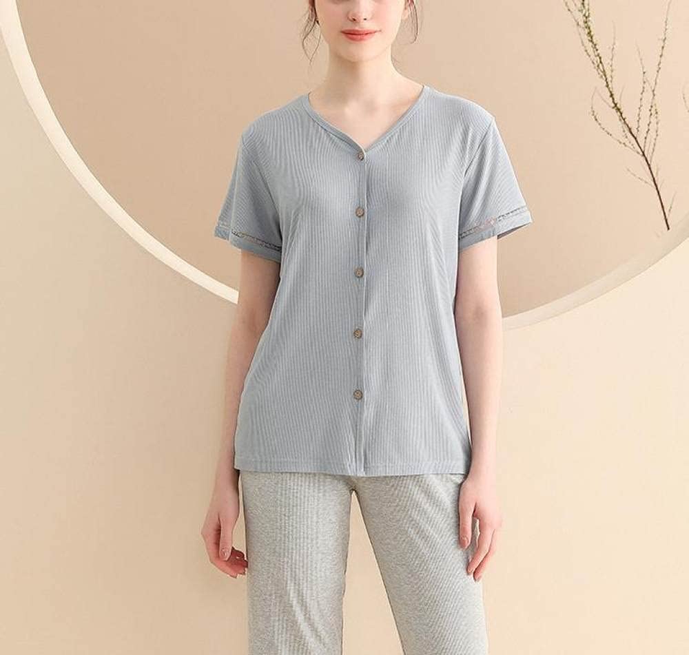 SNPP Été Pyjama Femme,Ensemble De Pyjama D'Été Confortable, Pyjama Deux Pièces Extensible, Manches Courtes Boutonnées Bleues Et Ensemble De Pantalons Courts, Vêtements De Maison pour Un Usage Quot