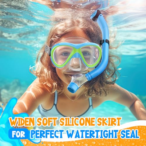 Set de snorkel para niños, equipo de snorkel con tapa seca para edades 5-15 años, máscara de buceo juvenil con lentes de vidrio templado, antiempañante y vista panorámica miniatura 6