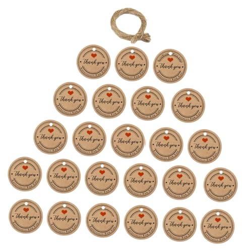 EXQUIMEUBLE 100個 クラフト紙丸型タグ 事前パンチ付き ハンドメイドラベル 感謝メッ入り 装飾用 結婚式 パーティー 包装に