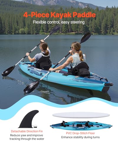 Image of VEVOR 2-Person Inflatable Kayak, 14'4 inch x 3'7 inch - Extra Spacious for Family & Dogs, 700-lb Capacity Sit-in Kayak with Accessories, Includes 2 Paddles, Pump & Carry Bag - Perfect for Fishing and Touring