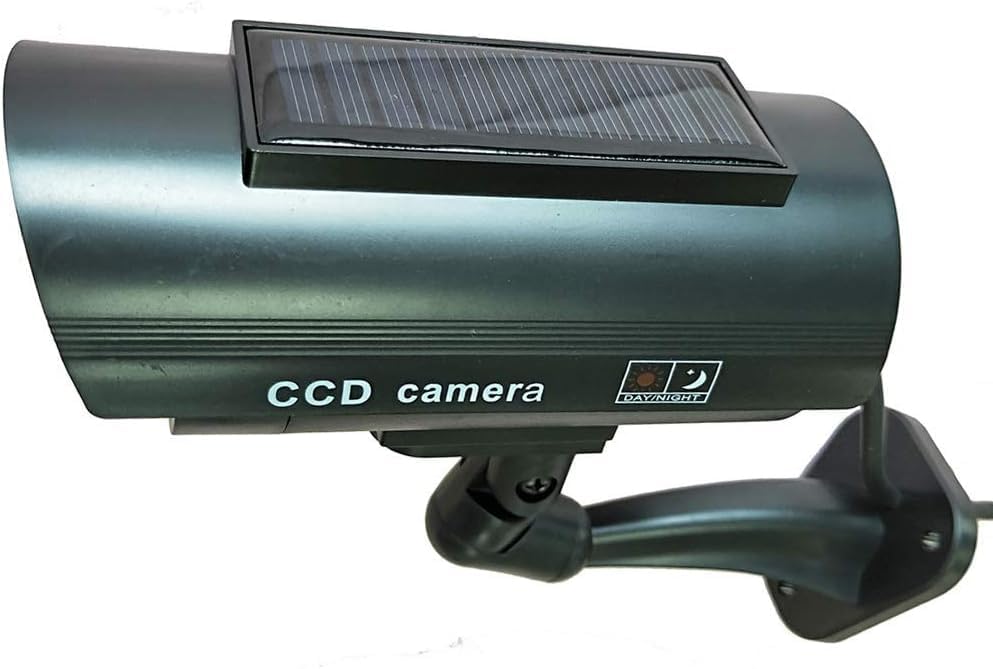 Telecamera di sicurezza finta a energia solare con simulazione LED realistica rossa lampeggiante e adesivo di sicurezza per interni ed esterni, confezione da 4