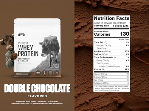Image of Levels Grass Fed Whey Protein Powder, No Artificials, 24G of Protein, Double Chocolate, 1LB
