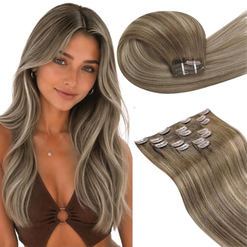 Image of LaaVoo Clip In Hair Extensions, For Women, 14 Inch | Light Brown Balayage Warm Golden Brown Shades, 120g 7pcs, Hair Extensions Clip Ins, Soft, Thick Full