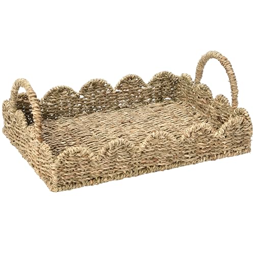 BISS Scalloped Rattan Serving Tray with Removable Floral Transparent Board Natural Rattan Decorative Wicker Tray with Foldable Handles & Scalloped Edge Wicker Woven Tray for Coffee Table Dining