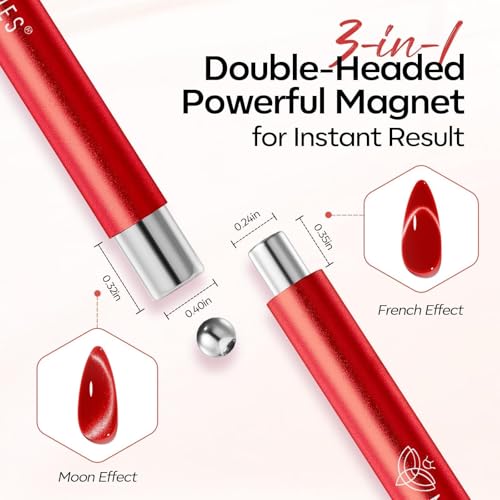 Image of modelones Cat Eye Magnet Set, 5PCS 3-in-1 Dual-Head Nail Magnet Pen with Heart, Lightning & Ball Shapes for Cateye Gel Polish, Side Light Wide Light Glass Glow Effects, DIY Nail Art Tool