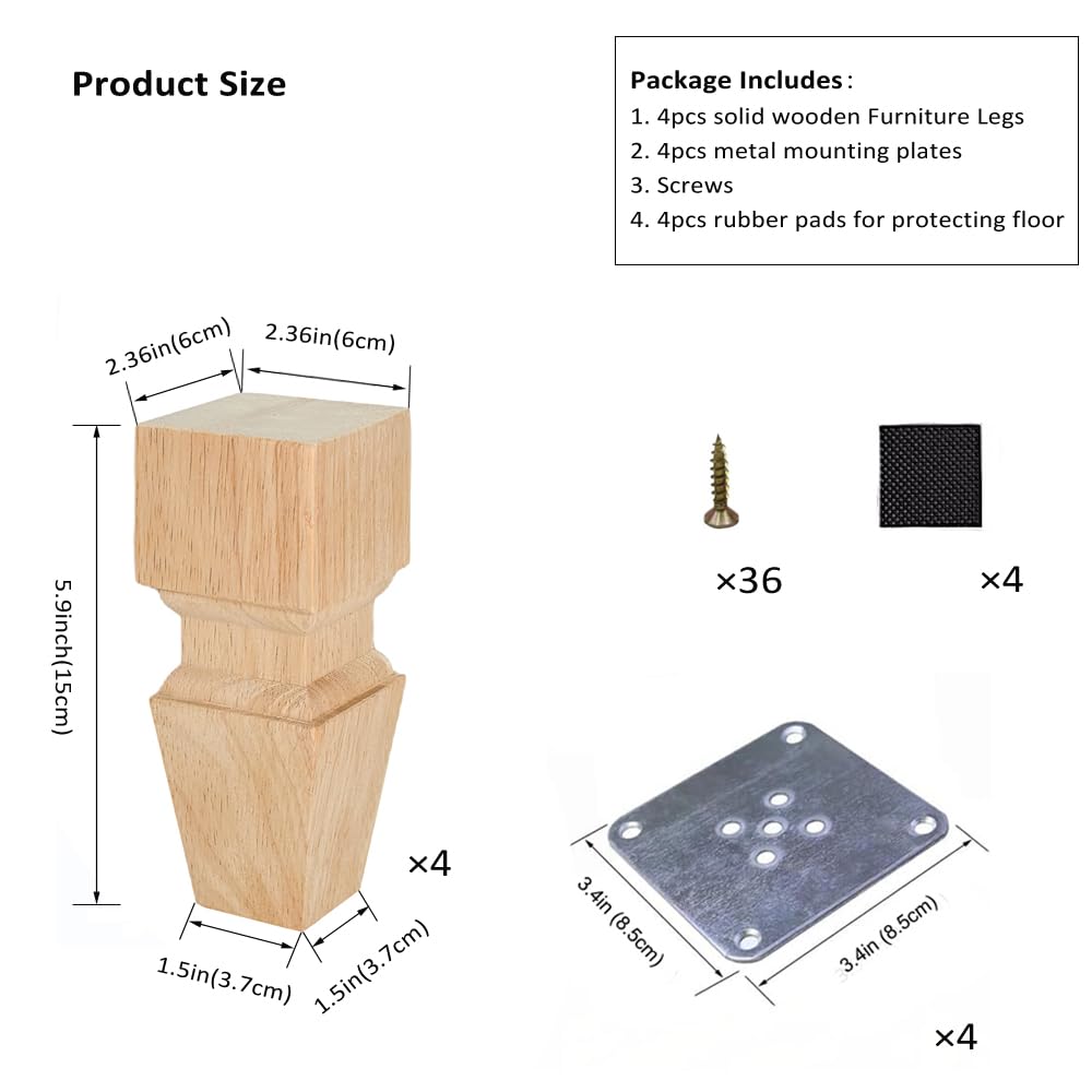 Wooden Furniture Legs with Mounting Plates Screws 15cm Set of 4 Solid Wood Unfinished European Style Replacement Furniture Feet for Couch Cabinet Sofa Ottoman TV Stand Home DIY Projects (6 inch) - Image 2