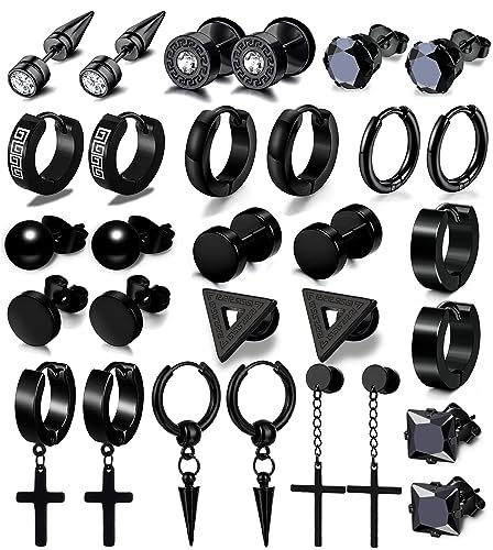 15 Pairs Earrings for Men, Stainless Steel Earrings Stud Kit for Men Women Fashion Piercing Jewelry Cross Dangle Hoop Earrings Set