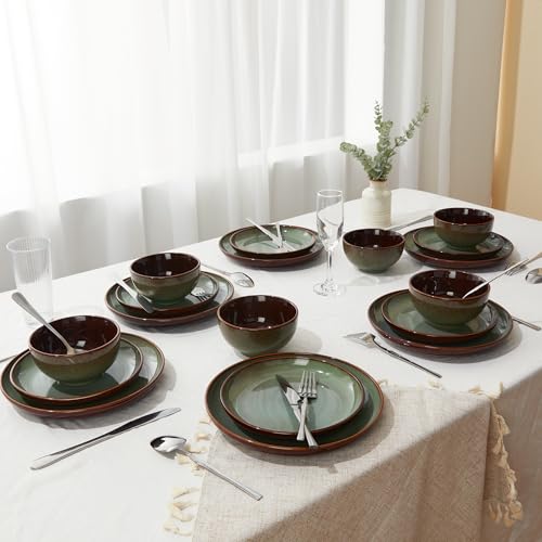 Image of 32 Piece Double Bowl Dinnerware Sets with Pasta Bowls, Highly Chip and Crack Resistant Plates and Bowls Sets, Natural Earthyware Ceramic Dishware Sets, Service for 8 Sage Green
