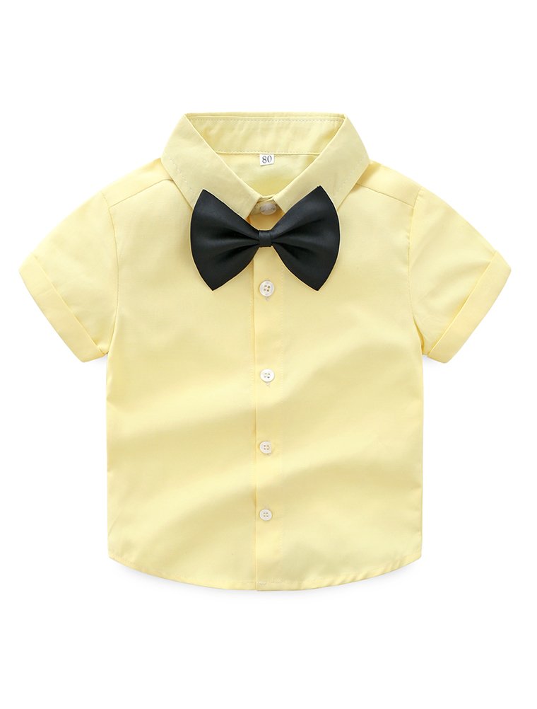 Abolai Baby Boy Summer Cotton Gentleman Short Sleeve Bowtie Romper Suspenders Shorts Outfit Set Style2 Yellow 80