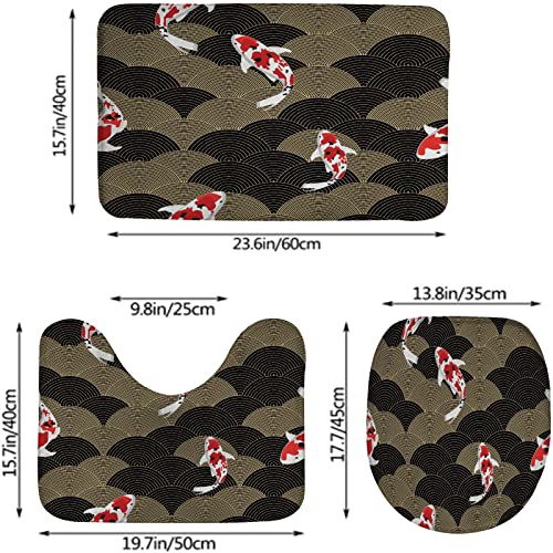 3-teiliges Badezimmerteppich-Set, traditioneller japanischer Fisch auf einem Designmuster-Hintergrund, waschbare Badeteppiche, rutschfest, mit Rückenpolster, Konturteppich und Toilettendeckelbezug – Bild 3
