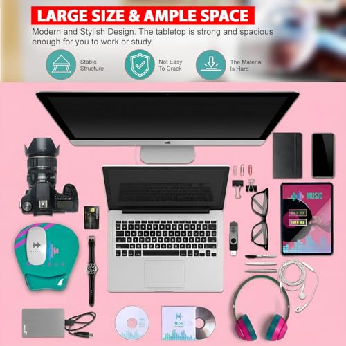 Image of PayLessHere | 55 Inch Computer Desk | Pink | Office Desk with Metal Frame, Adjustable Feet | Water-Resistant, Scratchproof Surface | Sturdy Writing Table for Home Office or Study | Pack of 1