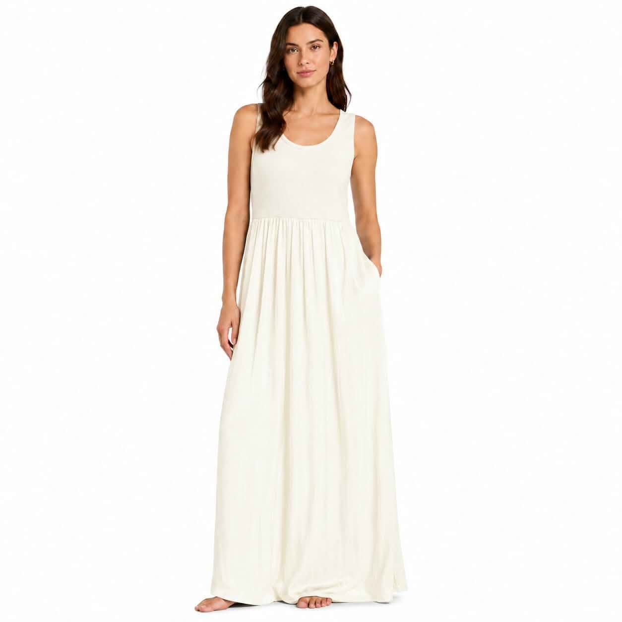 DKNY Women’s Long Dress, Elegant Sleeveless Design with Pleated Skirt, Stretch Knit top, Side Pockets, semi-Formal wear. (US, Alpha, Large, Regular, Regular, Cream) Sleeveless