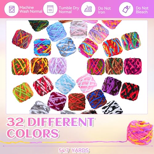 Image of Timgle 32 Skeins Chunky Chenille Yarn for Crocheting, 1470 Yards Bulky Thick Fluffy Yarn Soft Velvet Plush Yarn for Hand Knitting Blanket Crafts Project (Mixed Color)
