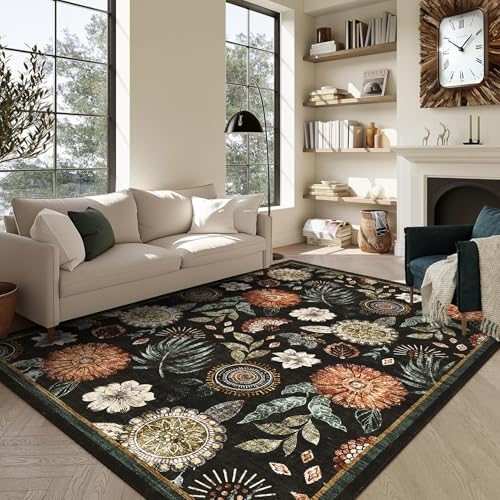 GarveeHome 8x10 Floral Washable Area Rug: Large Living Room Area Rug with Non-Slip Backing Washable Ultra Soft Bedroom Floral Carpet Indoor Stain Resistant Carpet for Dining Room 8 * 10 ft Black