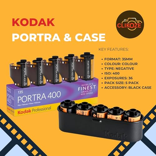 Clikoze 35mm Kodak Portra 400 Color Negative Film Bundle - 36 Exposures, Black Kodak Case, 5 Rolls, and Photography Tips