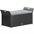 YITAHOME 90 Gallon Outdoor Wicker Storage Bench w/Cushion, Large PE Rattan Deck Storage Box w/Handles & Hydraulics for Patio Furniture, Cushions, Garden Tools, Pool & Sports Equipment, Black&Grey