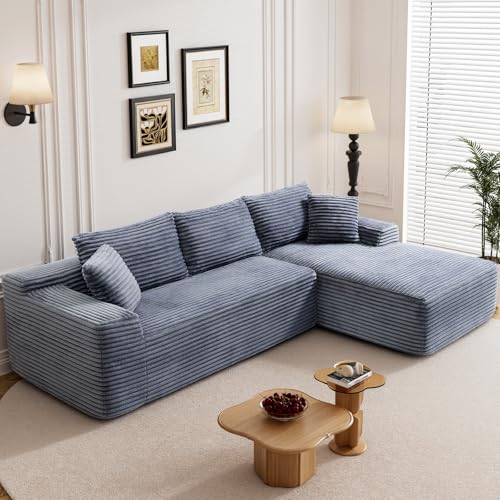 Image of 95 inch L Shaped Boneless Sectional Couches, Wide Armrest, Deep Seat, Memory Foam, Assembly Free, Modern Comfy Corduroy Fluffy Cloud Sofa with Right Chaise for Living Room, Small Spaces, Grey