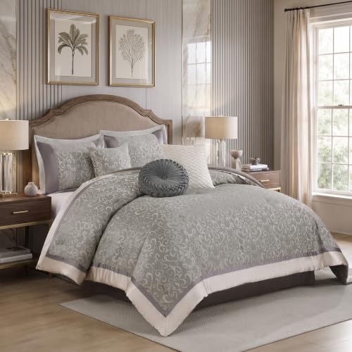 Image of CozyDH Grey Jacquard Comforter Set California King, 7PC Luxury Bed in a Bag