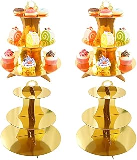 WUWEOT Pack of 4 Round Cardboard Cupcake Stand, 3-Tier Gold Cupcake Holder for Wedding, Birthday Party, Baby Shower and Graduation