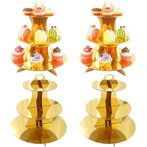 WUWEOT Pack of 4 Round Cardboard Cupcake Stand 3-Tier Gold Cupcake Holder for Wedding Birthday Party Baby Shower and Graduation