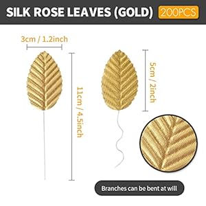 200Pcs Artificial Silk Rose Leaves, Fake Faux Wired Single Leaf for DIY Crafts Floral Arrangements Home Kitchen Wedding Garland Party Decorations (Gold) 200Pcs Artificial Silk Rose Leaves Fake Faux Wired Single Leaf for DIY Crafts Floral Arrangements Home Kitchen Wedding Garland Party Decorations Gold