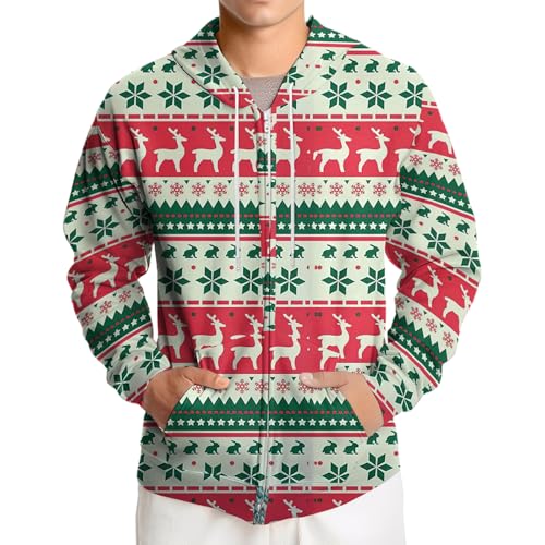 Men's Christmas Zip Up Hoodies Funny Drawstring Pullover Hoodie with Pocket