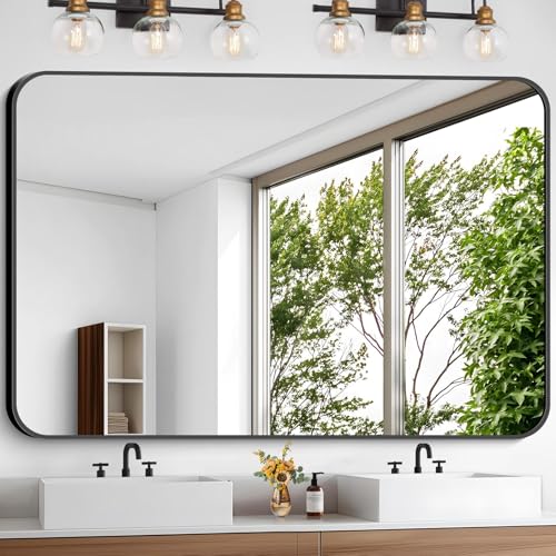 Image of Large Bathroom Mirror, 60 x 40 inch Black Rectangle Mirror, Metal Framed Rectangular Vanity Mirror, Rounded Corner Wall Mounted Mirror for Over Sinks Bedroom Living Room Horizontal /Vertical