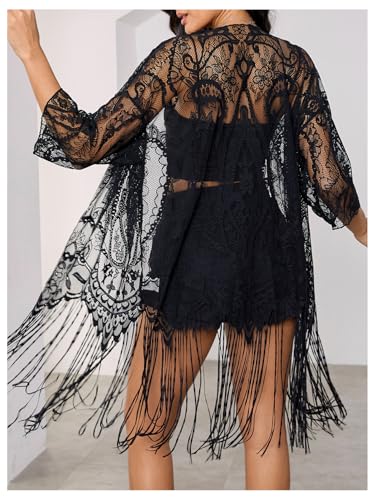 MakeMeChic Women's Lace Sheer Fringe Kimono Hollow Out Top Open Front Long Sleeve Beach Cover Up2