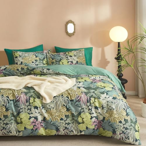 Image of mixinni Tropical Multicolored Leaves Print Duvet Cover 2 Pillowcases Botanical King Size Floral Duvet Cover Set Soft Cotton Bedding Set for Her and Him-Easy Care, Soft and Durable-King Size